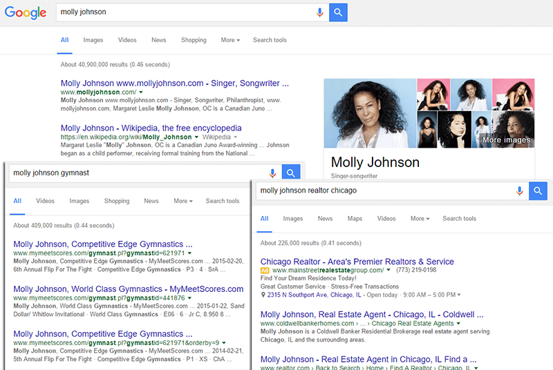 Googlen hakukone, joka näyttää Molly Johnsonille useita hakutuloksia.
