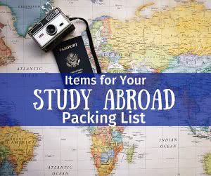 World map with text: study abroad packing list